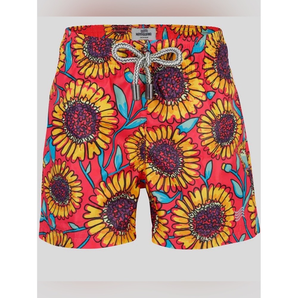 Mayaguana Swimwear Boys Red Sunflower Floral Print Swim Trunks Size 12/14